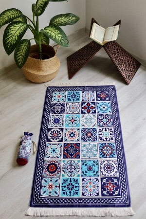 Practical and Portable Silk Textured Prayer Rug with 40 Patches Pattern S100110 Navy Blue - Bilenler