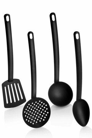 Practical Fireproof Non-Stick Teflon Serving Set Durable Ladle Colander Spatula Spoon Set of 4 Black - Fevito