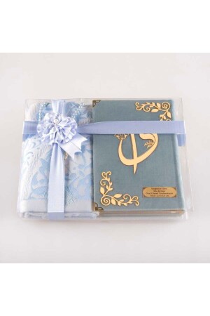 Prayer Mat + Prayer Beads + Quran Gift Set (Hafiz Size - Velvet - Light Blue) - Hayrat Neşriyat
