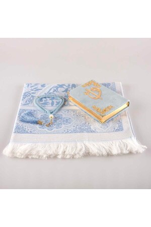 Prayer Rug + Prayer Beads + Quran Gift Set (Bag Size - Velvet - Light Blue) - Hayrat Neşriyat