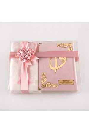 Prayer Rug Prayer Beads Quran Gift Set (HAFIZ SIZE - VELVET - POWDER PINK) - Hayrat Neşriyat