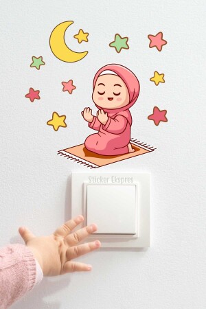 Praying Girl Child Crescent And Stars R3 Ramadan Socket Top Sticker - Sticker Ekspres