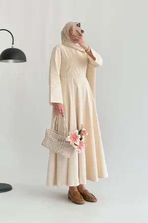 Premium Belden Oturtmalı Kemerli Elbise Ekru - Nuuwears