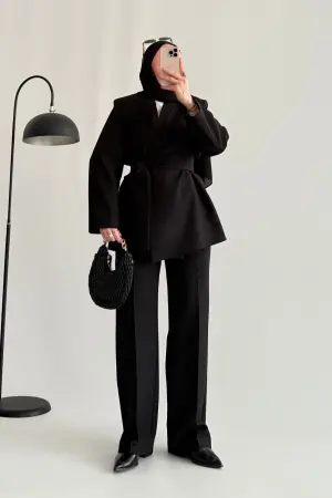 Premium Belted Jacket Suit Black - Nuuwears