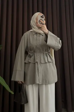 Premium Brooch Belted Shirt Light Green - Nuuwears