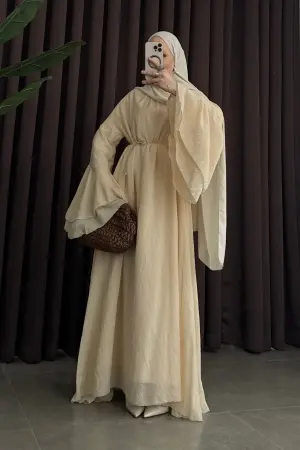 Premium Cotton Voile Ruffled Dress Beige - Nuuwears