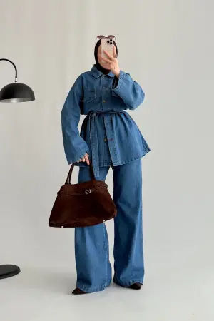 Premium Kemerli Denim Ceket Takım Mavi - Nuuwears