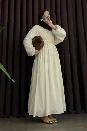 Premium Ribbed Cotton Voile Dress, Ecru - Nuuwears