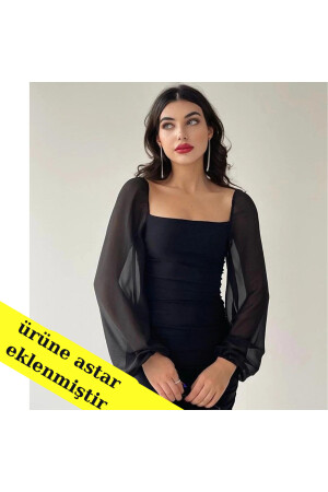 Prenses Kollu Romantik Siyah Kalem Elbise - Olalady