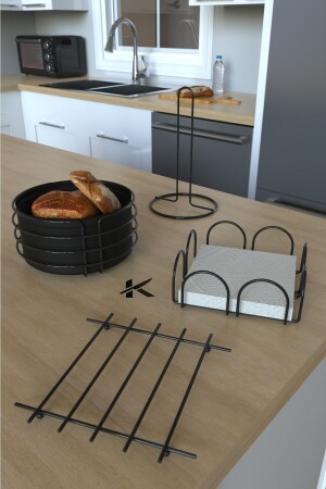 Presentation Set And Bread Rack Towel Holder Napkin Holder Trivet Bread Holder Black Full Glossy Stainless 4-Piece Kitchen Set - KARTEYA