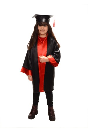 Primary School Graduation Cap and Gown (Black Red) Primary School-Kr - Nüans Mezuniyet