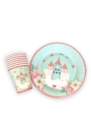 Princess Castle Themed Mint Cardboard Plate Cup Set - Partifabrik