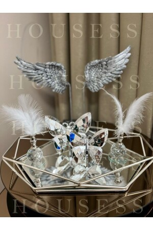 Prism Silver Large Tray, 2-Piece Silver Butterfly and 2-Piece Silver Feather Holder HSS-TPSKLBKS4 - Housess