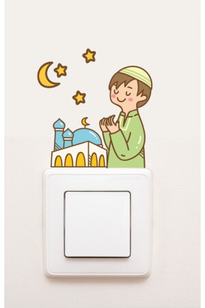 Priz - Ramazan Cami Dua Eden Çocuk ve Yıldızlar Dekoratif Duvar Sticker - Sim Tasarım