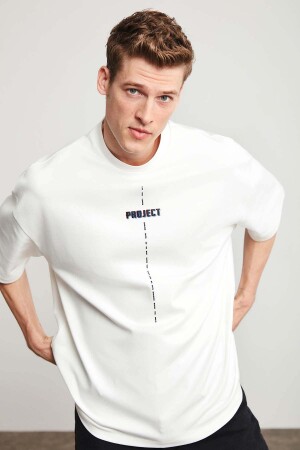 Project Erkek Oversize Fit Kalın Dokulu Kumaşlı Beyaz T-shirt - Grimelange