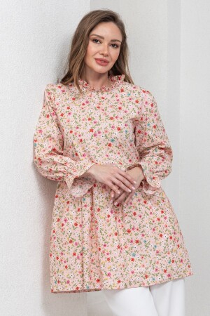 Pudra Çiçekli Fırfır Yakalı Poplin Tunik - Küçüğüm Butik