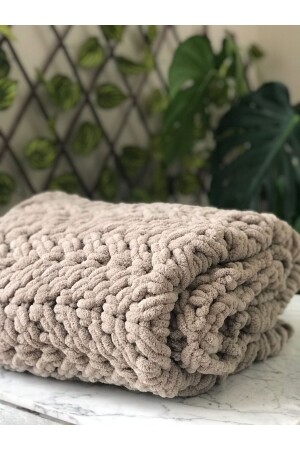 Puffy Hand Knitted Fireplace and TV Blanket Fishbone Patterned Mink 80 - Missworble
