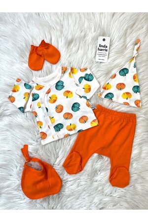 Pumpkin Pattern Orange 5-Piece Newborn Unisex Baby Hospital Release Set - Linda Harris