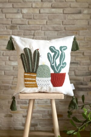 Punch Embroidered Cactus Patterned Decorative Linen Throw Pillow Cover - Swita