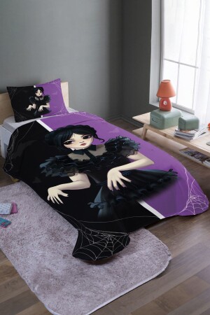 Purple and Black Wednesday Patterned Single Duvet Cover Set and Bedspread - Evpanya
