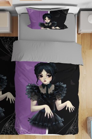 Purple Black Bat Wednesday Addams Patterned Single Baby Kids Bedding Set - Evpanya