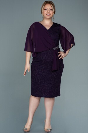 Purple Chiffon Short Sleeve Glitter Midi Plus Size Evening Dress Abk1567 - Abiyefon
