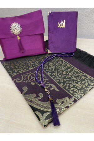 Purple Luxury 4-Piece Gift Dowry Prayer Rug Set with Slub Bag - Ayhanhome