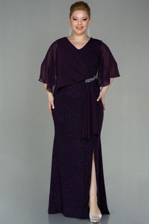 Purple Short Sleeve Long Glittery Plus Size Evening Dress Abu2857 - Abiyefon