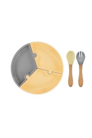 Puzzle Silikon Mama Tabağı Ve Kaşık Çatal Set - Mellow Yellow - Powder Grey OİOİ01062553 - Oioi