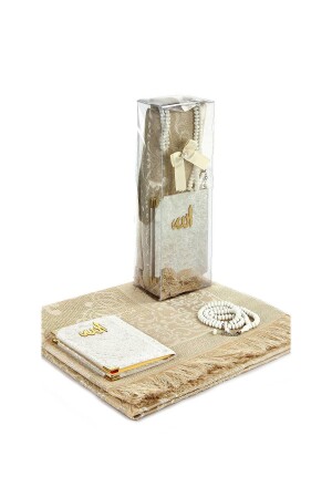 PVC Boxed Prayer Rug Set - Velvet Covered Yasin - Prayer Rug - Prayer Beads - White Color - İhvan