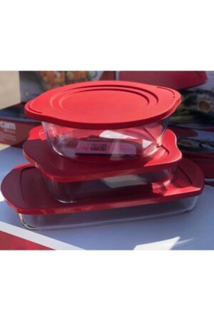 Pyrex-Set mit rotem Deckel, 3-teilig, MG-59001-59034-59006 - Paşabahçe