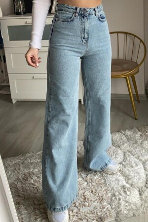 Queen Power Likralı Kadın Açık Mavi Kar Yıkama Yüksek Bel Salaş Paça Denim Kot Pantolon Lvk-001040a - Livik