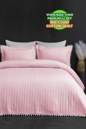 Quilted Pompom Double 100% Cotton Bedspread (Pique) Set Powder - Evlen Home