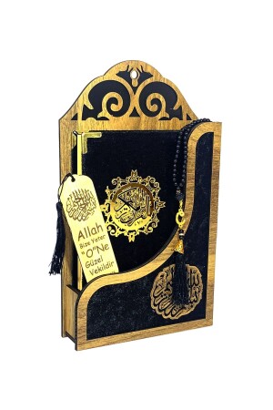 Quran Set Velvet Covered Wooden Box with Hanger Gift - Black - Birbaşkahediyem