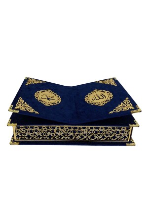 Quran Set with Special Mica Decorated, Fully Covered in Velvet, Gift Rahle Box - Navy Blue - Ayfa Basın Yayın