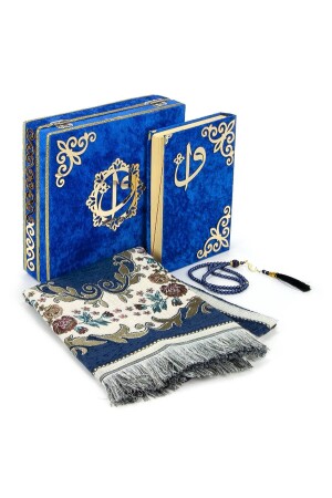 Quran Set with Velvet Covered Storage Prayer Mat, Navy Blue - Ihvanonline