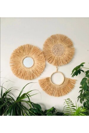 Raffia Mirror Beaded Set of 3 Wall Accessory Ornament - Kara.Shome