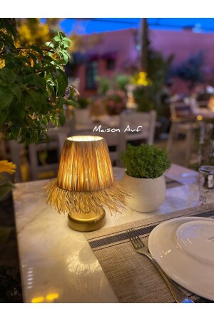 Raffia & Wicker Table Top Wireless Battery Operated Lampshade Antique Gold Fringed - Maison Avf