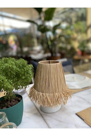 Raffia & Wicker Table Top Wireless Battery Operated Lampshade White Fringed M09 - Maison Avf
