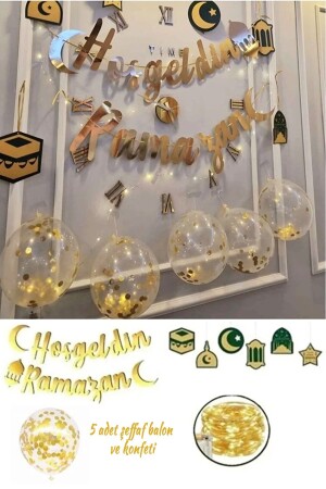 Ramadan Ornaments 6-Piece Ceiling Pendant Ornament - Welcome Ramadan Golden Lettering and LEDs and 5 Transparent Balloons - - Hayaller Dükkanı