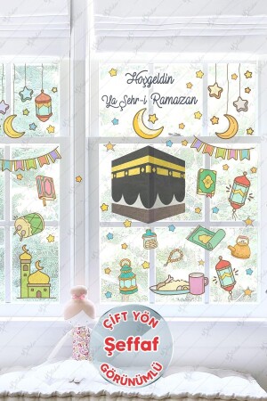 Ramadan-Themen-Ornament – ​​Kaaba und Ramadan-Figuren, Glas-Wandaufkleber-Set, transparent, 33 x 120 - MSticker
