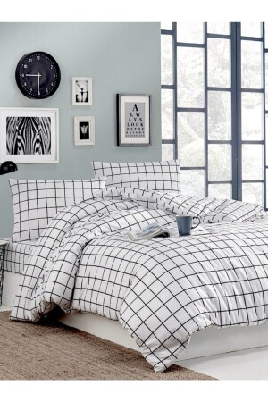 Ranforce Bettbezug-Set aus natürlicher Baumwolle mit elastischen Laken, schwarz kariert, Doppelbett CRW1402 - CARWEN TEKSTİL