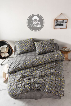 Ranforce Double Duvet Cover Set with Fitted Sheets Checker Yellow CC1761p - Casa Carina