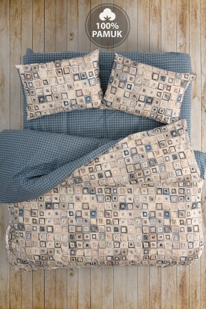 Ranforce Double Duvet Cover Set with Fitted Sheets Quadra Blue CC1761p - Casa Carina