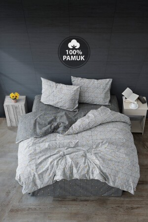Ranforce Double Duvet Cover Set with Fitted Sheets Triangle Gray CC1761p - Casa Carina