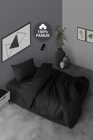 Ranforce Single Duvet Cover Set with Elastic Sheets Simple Black - Casa Carina
