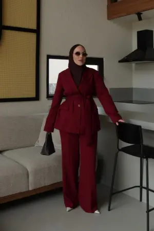 Rapel Premium Kemerli Ceket Takım Bordo - Nuuwears