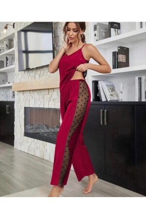 Rasa Bambu Tül Detaylı Askılı Pijama Takımı Bordo - Rasabeauty