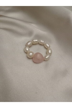 Real pearl and rose quartz stone elastic ring - free size - expandable. - Shisa Jewel
