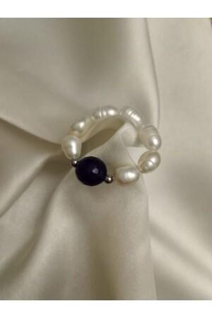 Real pearl elastic ring and natural stone amethyst - Shisa Jewel